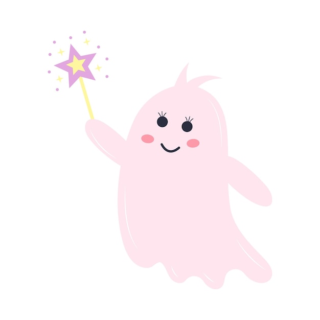 Cute pink ghost with a magic wand Halloween character isolated on white background