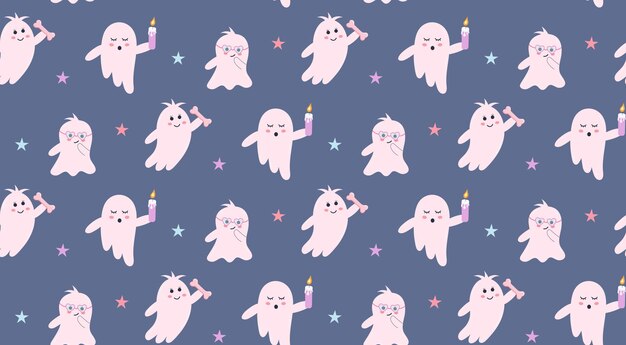 Cute pink ghosts seamless pattern Halloween baby characters and stars print Magic scary spirits with different emotions Vector cartoon illustration