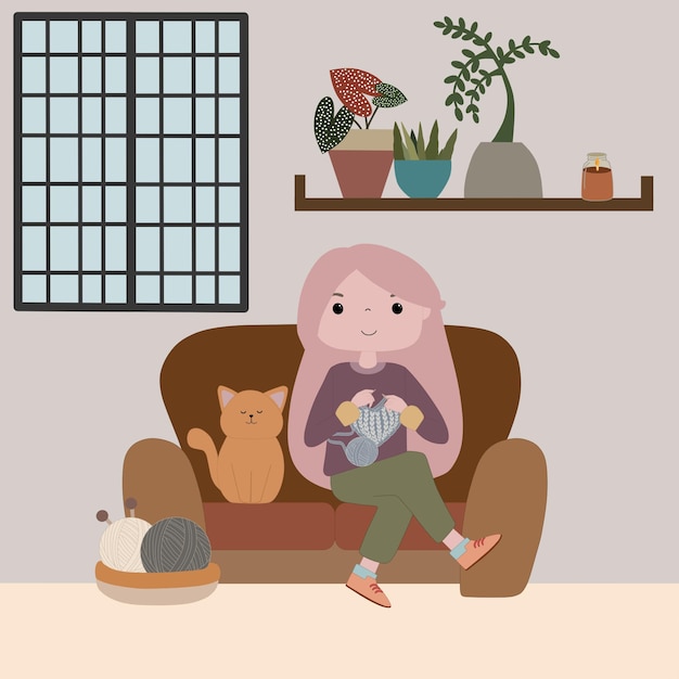 A cute pink girl is sitting on the couch and knitting.A red cat is sitting next to her