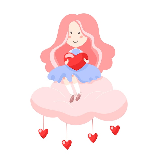 Cute pink haired girl holding a red heart and sitting on a pink cloud from which little hearts hanging down