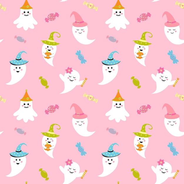 Cute pink halloween ghost seamless pattern Creepy baby boo characters with candies