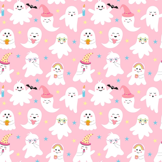 Cute pink halloween ghost seamless pattern Creepy baby boo characters with different emotions