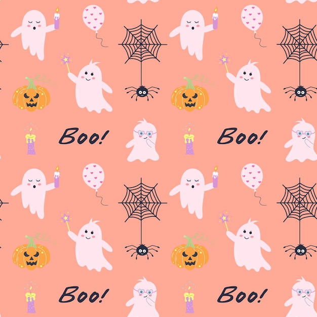 Cute pink halloween ghost seamless pattern Ghosts pumpkin spider on web boo balloon and candle