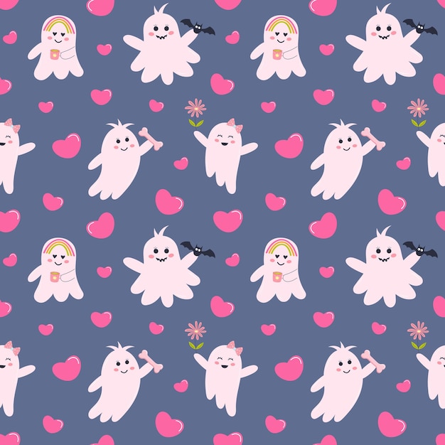 Cute pink halloween ghosts and hearts seamless pattern Pastel glamour print for wrapping and textile