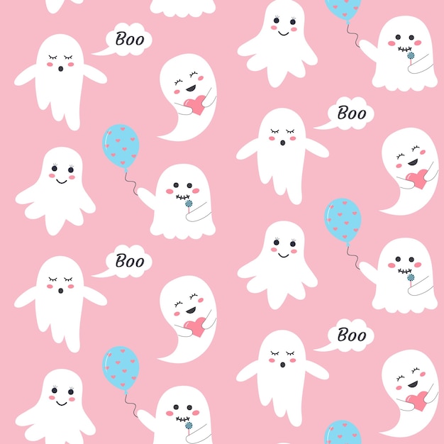 Cute pink halloween ghosts and hearts seamless pattern Pastel glamour print for wrapping and textile