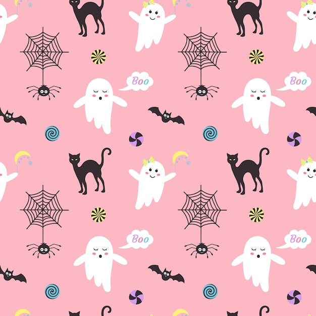 Cute pink halloween ghosts seamless pattern Pastel print with spooky spirits spider candies cat