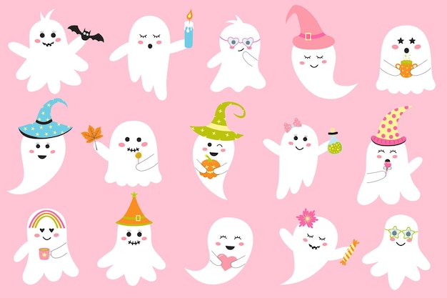 Cute pink halloween ghosts set Creepy baby boo characters for kids Magic scary spirits