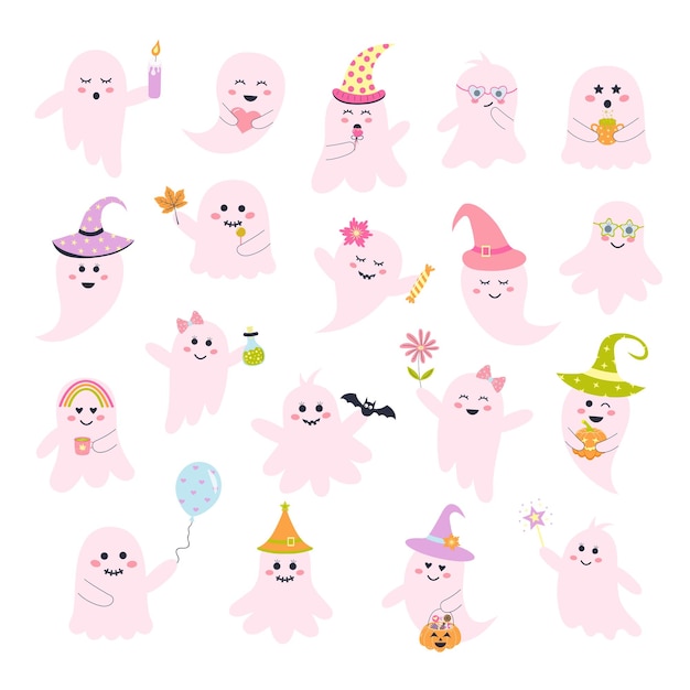 Cute pink halloween ghosts set Creepy baby boo characters Magic spirits with different emotions