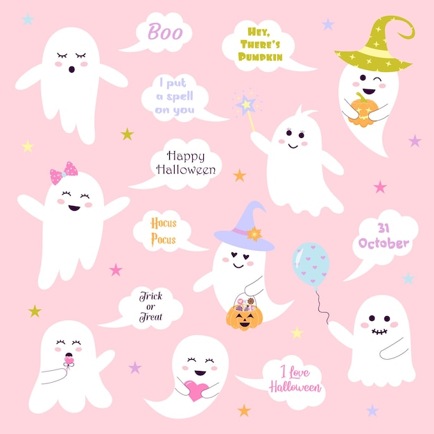 Cute pink halloween ghosts set with sayings in speech bubbles Magic baby characters