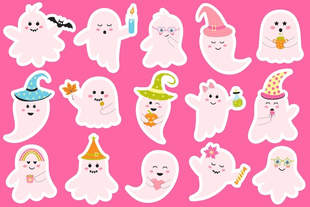 Cute pink halloween ghosts stickers set Creepy baby boo characters for kids