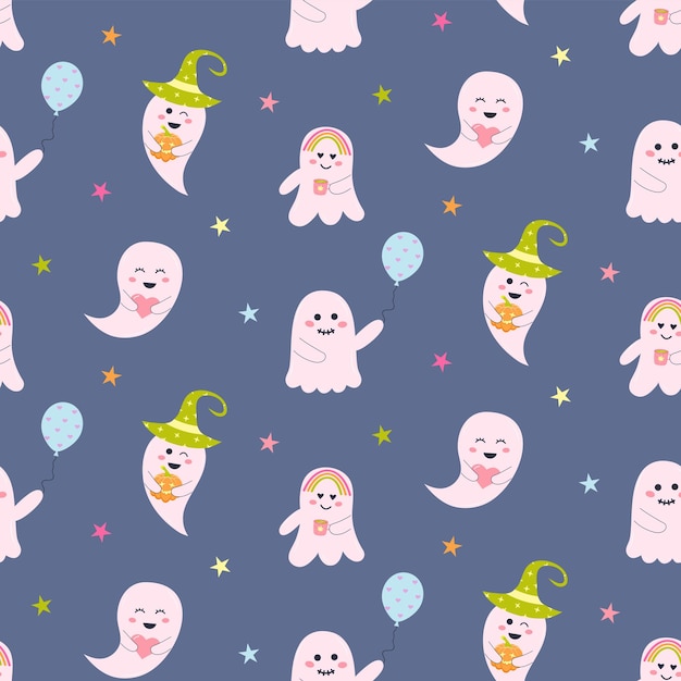 Cute pink halloween ghosts with stars seamless pattern Pastel print on dark blue background