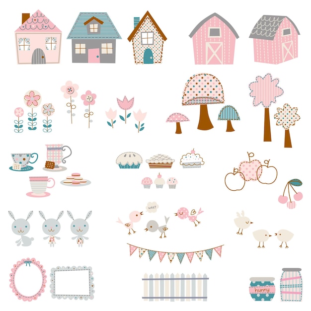 Cute pink home icon illustration with nature and farm drawing design