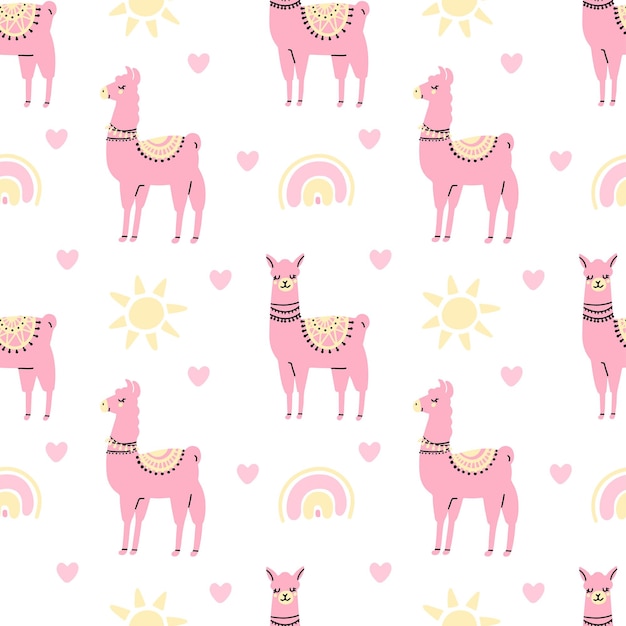 Cute pink lama seamless pattern with sun heart rainbow isolated on white background