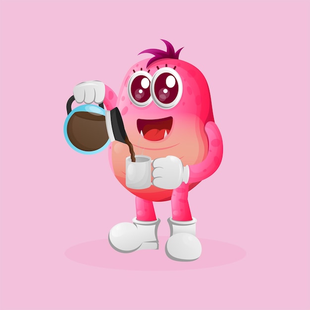 Cute pink monster drinking coffee coffee time