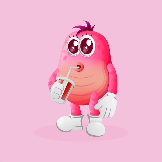 Cute pink monster drinking soda cola