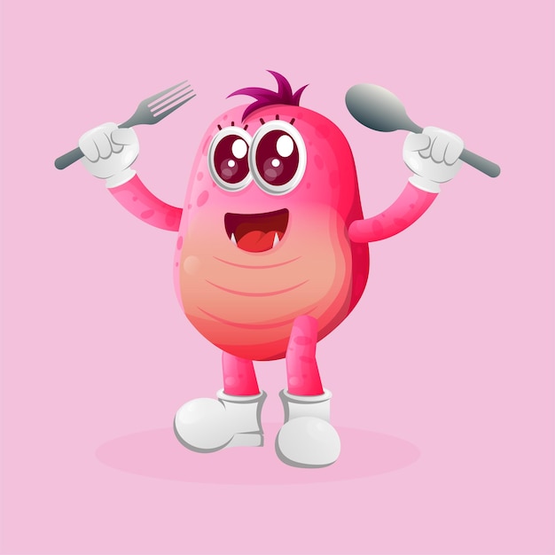 Cute pink monster holding spoon and fork