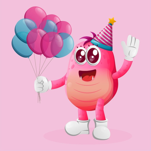 Cute pink monster wearing a birthday hat holding balloons