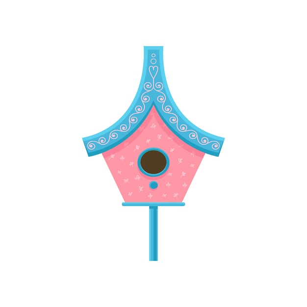 Cute pink nesting bird with blue roof Flat vector icon of birdhouse with patterns Small house for birds Element for poster or card