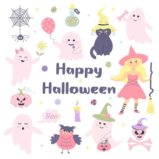 Cute pink pastel Halloween set Hand drawn magic characters for kids Little pink ghosts pretty witch