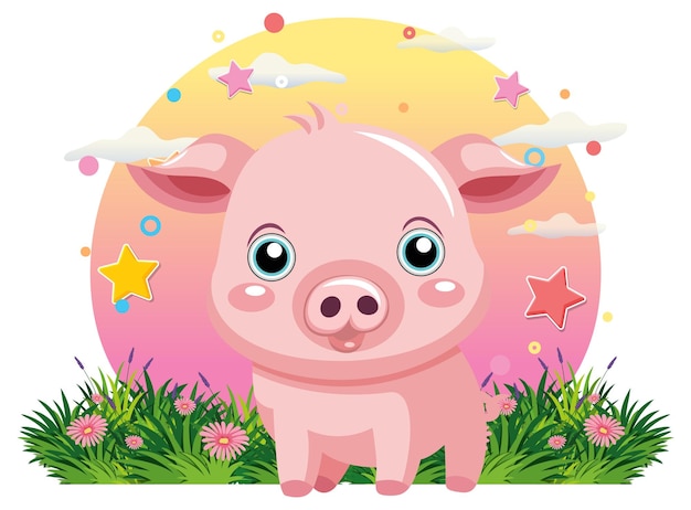 Cute pink pig at the flower field