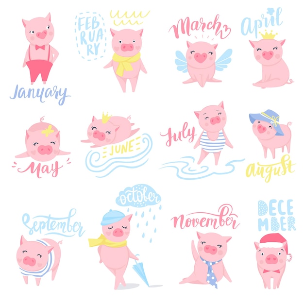 Cute pink pigs vector set. Elements for New Year's design. Symbol of 2019 on the Chinese calendar. Pig illustration isolated on white. Cartoon animals. Funny stickers.