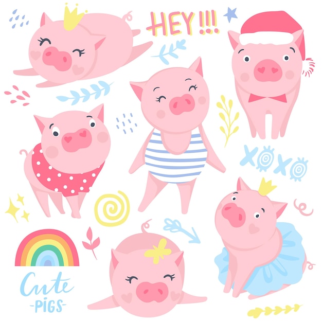 Cute pink pigs vector set. Elements for New Year's design. Symbol of 2019 on the Chinese calendar. Pig illustration isolated on white. Cartoon animals.