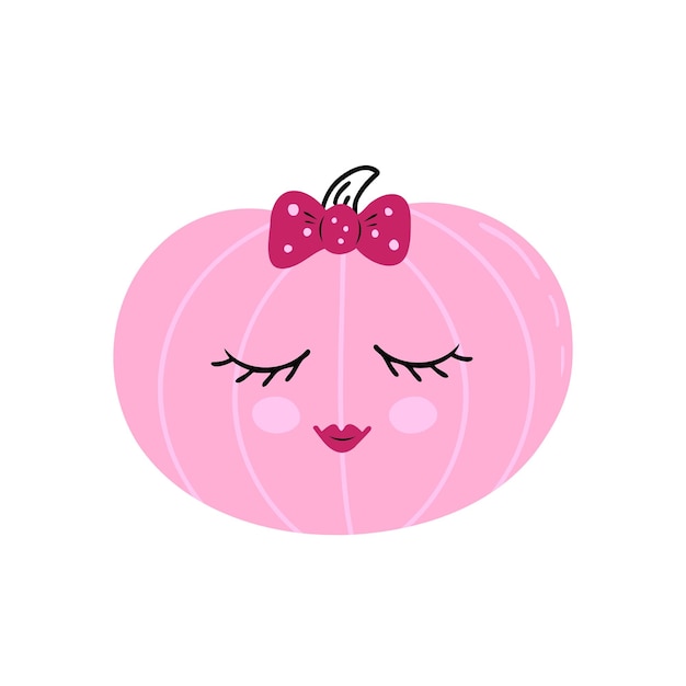 Cute pink pumpkin with eyes and hair bow Hand drawn illustration