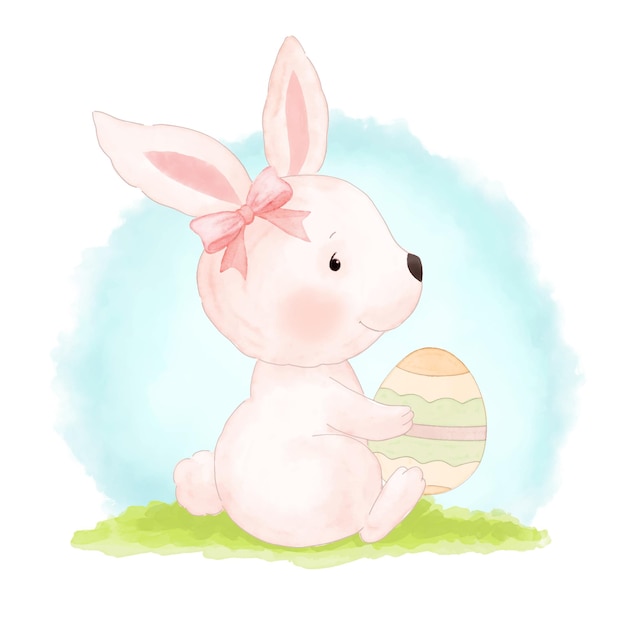 Cute pink rabbit is holding a decorated egg