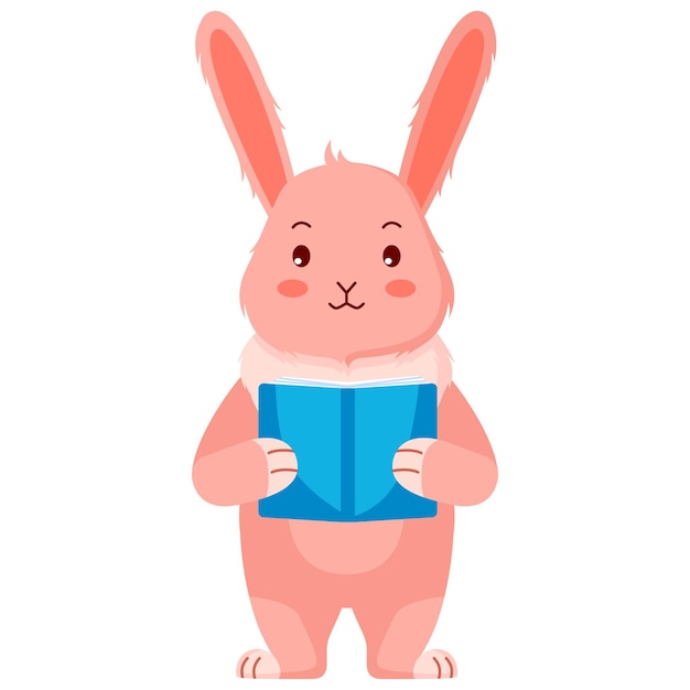 Cute pink rabbit with a book