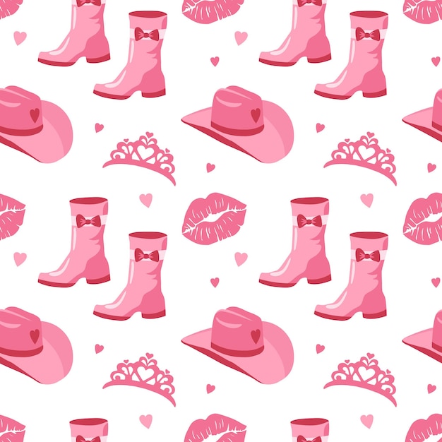 Cute pink seamless pattern with princess wardrobe details crown shoes cowboy hat kiss