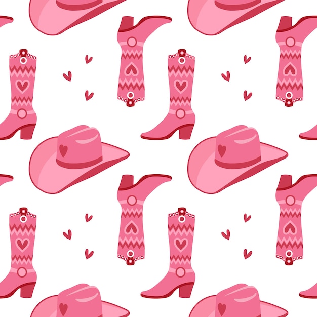 Vector cute pink seamless pattern with retro cowgirl hats and cowboy boots background print for girls