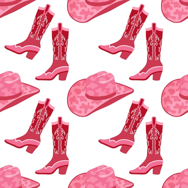 Cute pink seamless pattern with retro cowgirl hats and cowboy boots Background print for girls