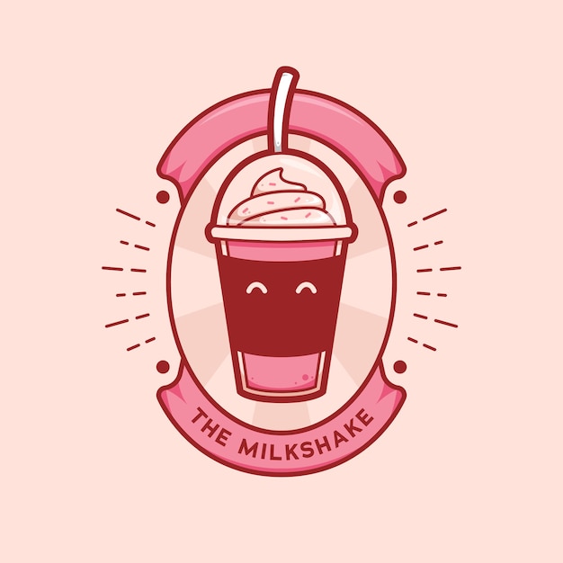 Cute pink strawberry milkshake cup drink logo mascot cartoon badge