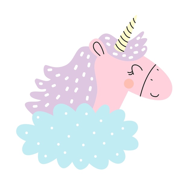 Cute pink unicorn head and cloud. Vector illustration on white background