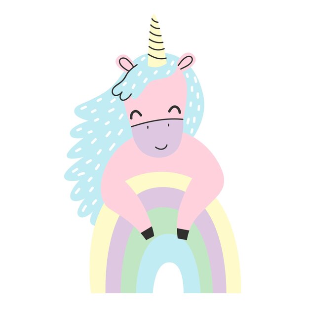 Cute pink unicorn and rainbow. Vector illustration on white background