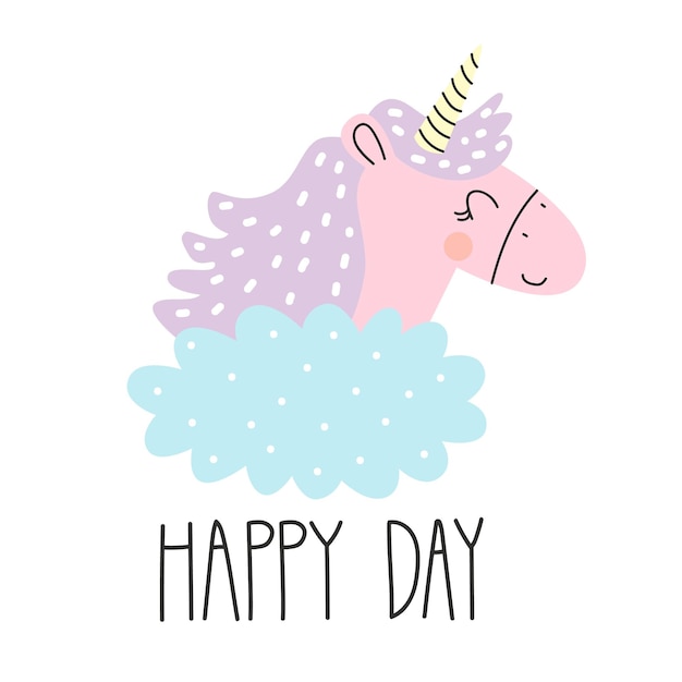 Cute pink unicorn with lettering HAPPY DAY. Vector illustration