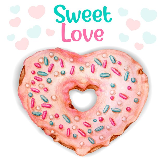 Vector cute pink watercolor heart donut sweet love message