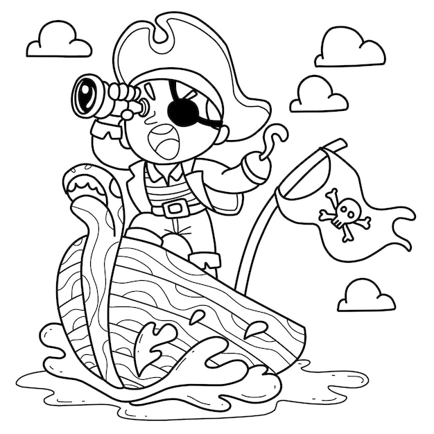 Cute pirate boy on boat hand drawn coloring book cartoon isolated on white