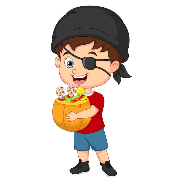 Cute pirate boy holding a basket of candies