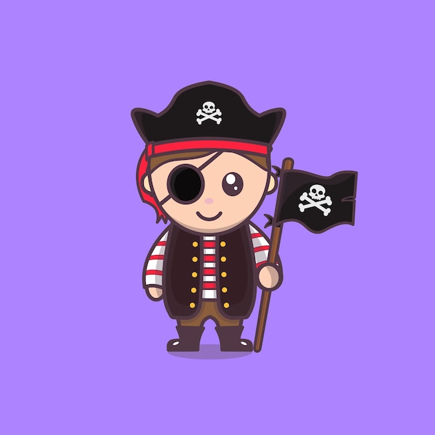 Cute pirate Character Cartoon Vector Icon and People Illustration concept Holding flag