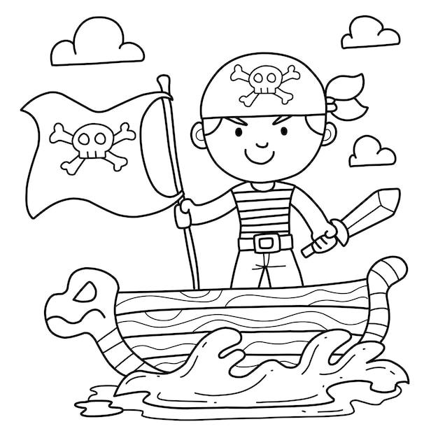 Cute pirate hand drawn coloring book cartoon isolated on white