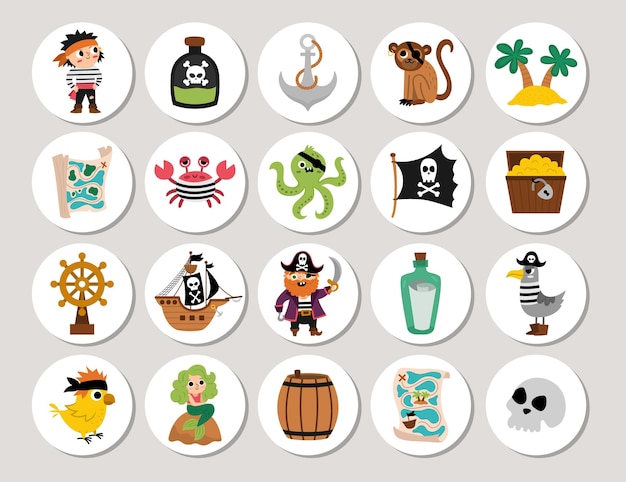 Cute pirate round cards set with ship captain sailors chest map parrot octopus seagull Vector treasure island highlight icons Marine design for tags ads social media pirate partyxA