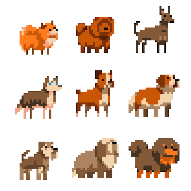 Cute pixel art dogs set illustration isolated