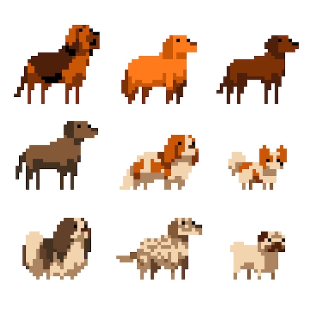 Cute pixel art dogs set illustration isolated