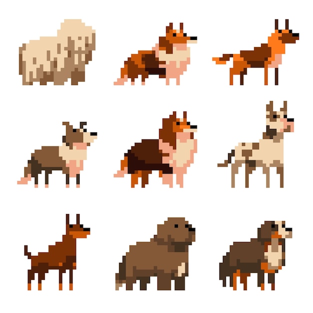 Cute pixel art dogs set illustration isolated