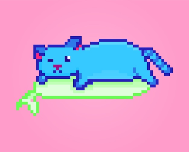 Cute pixel blue cat relaxing on green carpet