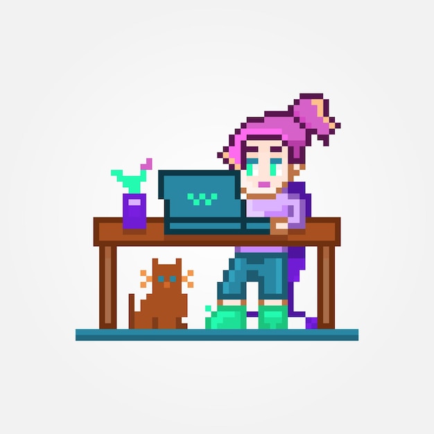 Cute pixel character kid on laptop with cat pet