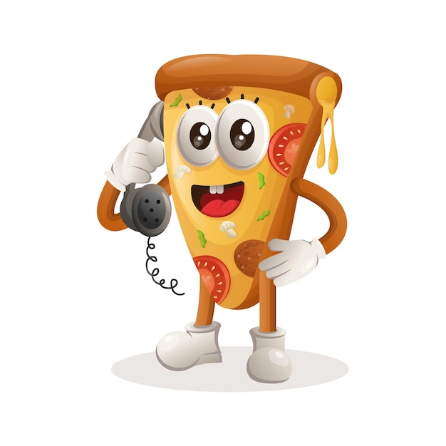 Cute pizza mascot pick up the phone answering phone calls