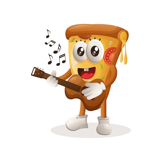 Cute pizza mascot playing guitar