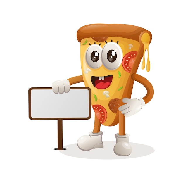 Cute pizza mascot standing next to a billboard